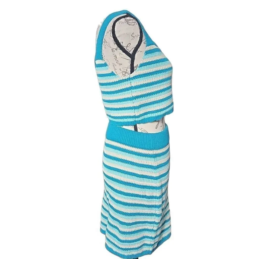 Wild Fable Ladies Size S/M Blue White Knit Crop Top & Skirt Set